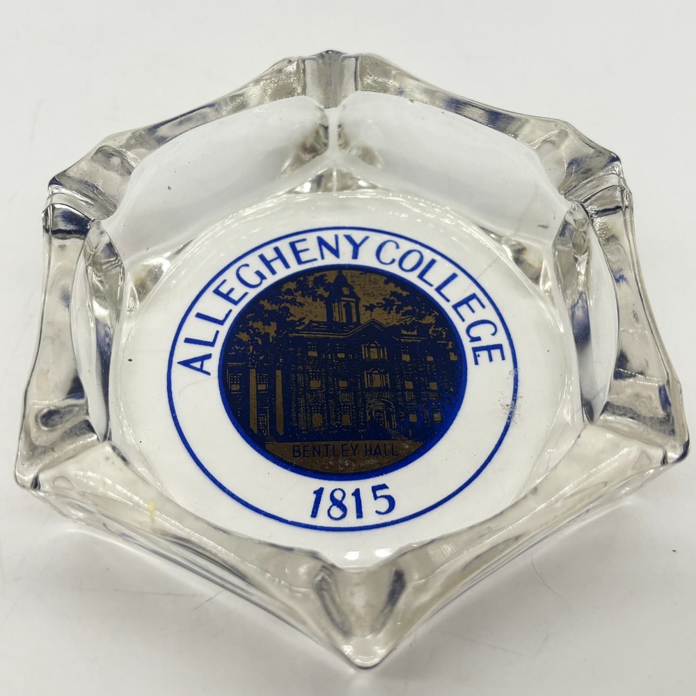 Vtg Allegheny College Glass Ashtray Clear Blue Gold Bentley Hall 1815 Hexagonal